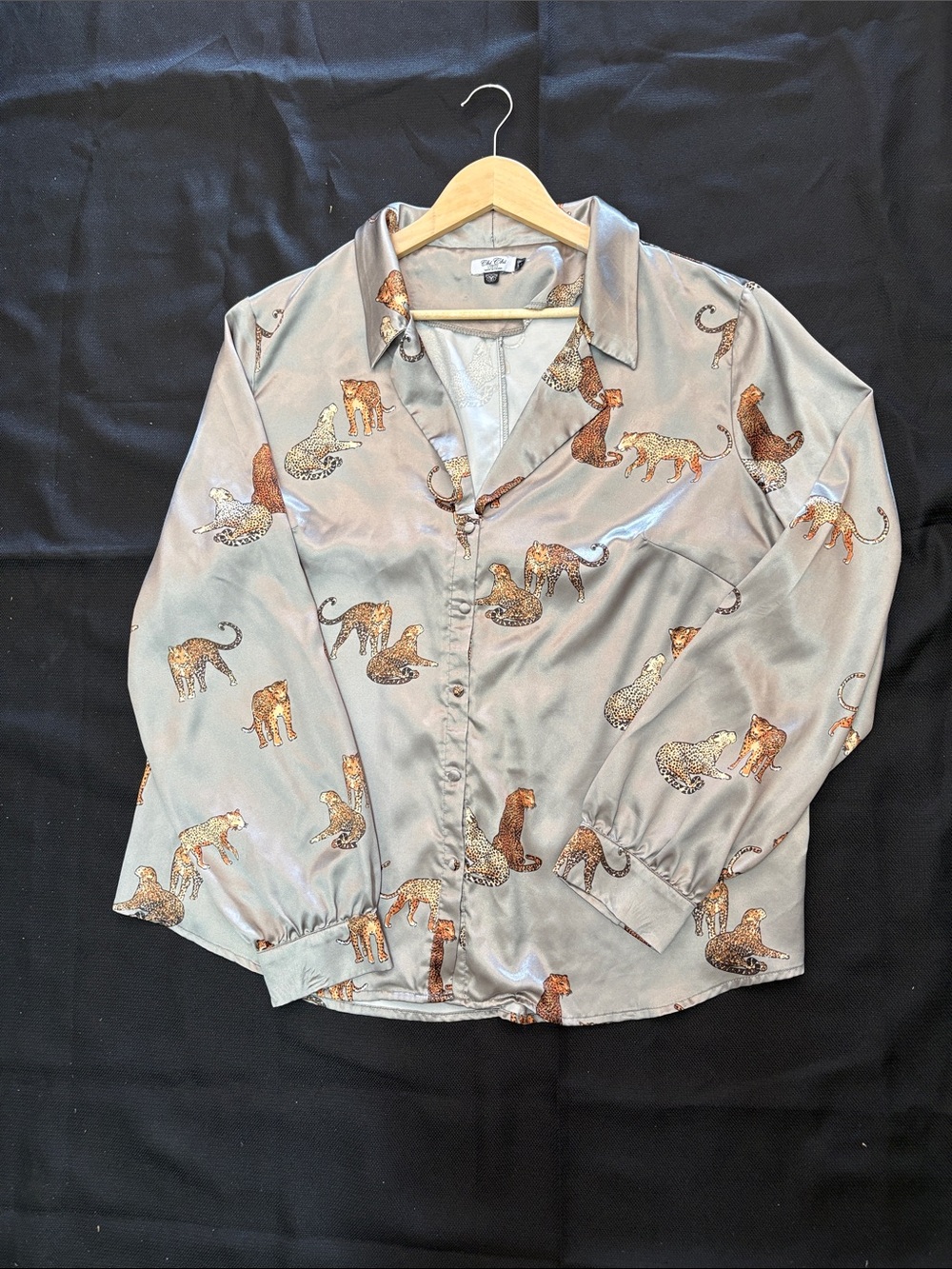 Chi Chi London Taupe Satin Leopard & Cheetah Print Button Down Blouse